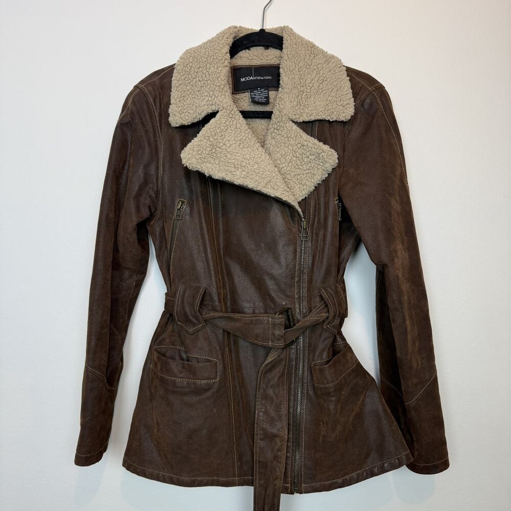 Vintage y2k 90s Moda International leather aviator jacket belted MD grunge biker